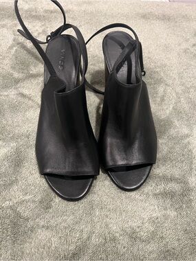 Vince Black Leather Open-Toe Ankle Wrap Heels